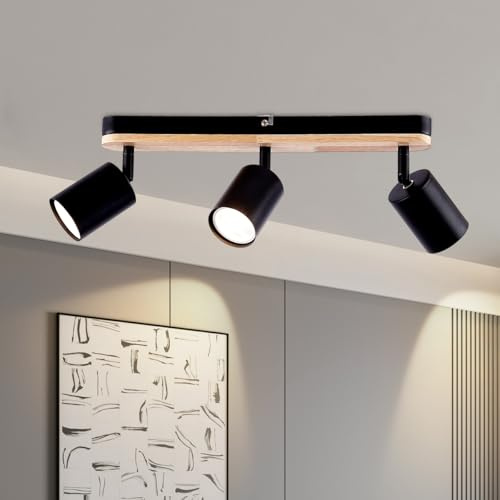 YNFLux LED Deckenstrahler 3 Flammig Schwarz Deckenleuchte Schwenkbar 350° Strahler GU10 Spotbalken Deckenlampe Spot Modern Holz Deckenspot für Küche Schlafzimmer Wohnzimmer mit Leuchtmittel