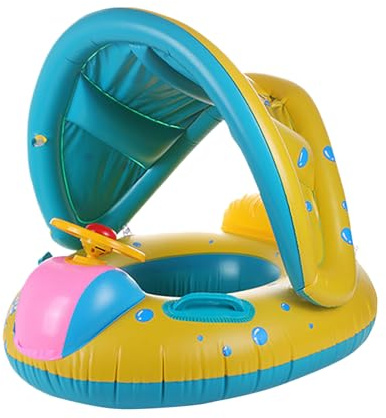 Baby Swimming Float, Inflatable Car Shaped Baby Float with Canopy, with SPF 50+ Sun Protection and Safety Bottom Support Swimming Ring with Non-Slip Handle for Kids Toddler 6-48 Months