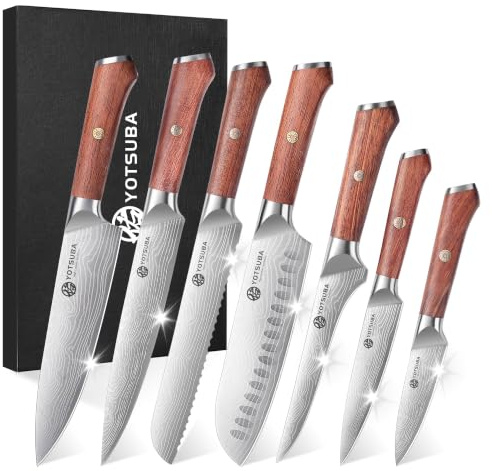 YOTSUBA 7-TLG Messerset Küchenmesser Knife Set, extra scharf Messer set | Hochkohlenstoff-Edelstahl, Rosenholz-Griff, Full Tang, stichsichere Bauweise, Ergonomisches Japanisches Messerset ohne Block