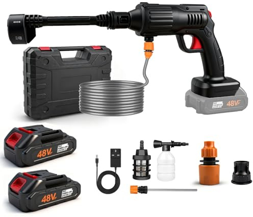 21V Cordless Pressure Washer with 2PCS 3.0Ah Battery, 45 Bar/ 652 PSI Portable Battery Pressure Washer, 6-in-1 Adjustable Nozzle, 16.4FT Hose Pressure Cleaner for Car/Floor/Garden Cleaning & Watering