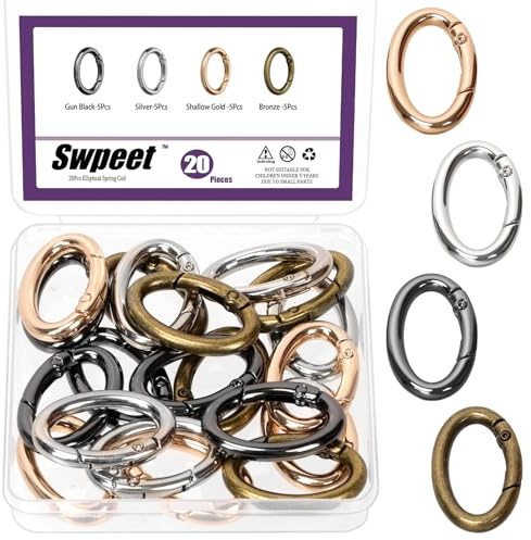 Swpeet Juego de 20 anillos ovalados de resorte de metal de 4 colores de 35 mm, anillos ovalados con hebilla de resorte ovalada para bolsos, llaveros y manualidades