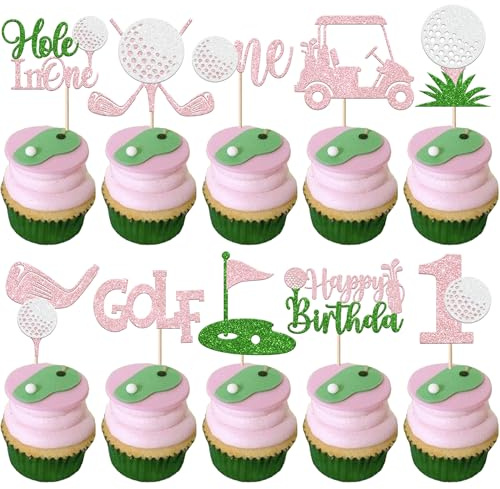 Xsstarmi 30 Pack Golf Hole in One Cupcake Toppers Golf 1st Birthday Cupcake Picks Flag Ball Carts Golf First Birthday Cake Decorations for Girls Baby Shower Golf Party Decorations Pink