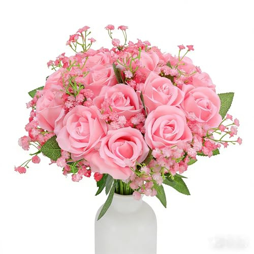 Xialvyu 16 Stück Künstliche Seidenblumen Rosen 51 cm Langer Stängel Künstliche Pink Rosen mit Schleierkraut, Realistische Kunstrosen für Valentinstag Hochzeitsdeko, Heimdekoration, Partyarrangements