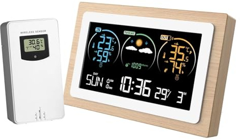 Stazione Meteo, Stazione meteorologica digitale VA in legno a colori Temperatura domestica Umidità Monitor pressione atmosferica Sveglie da parete Sensore di previsione wireless