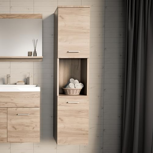 [en.casa] Armario Alto para Baño Krildihana Mueble de Baño con Compartimetos Abiertos y Cerrados Estantería con 2 Puertas 131 x 30 x 30 cm - Efecto Roble