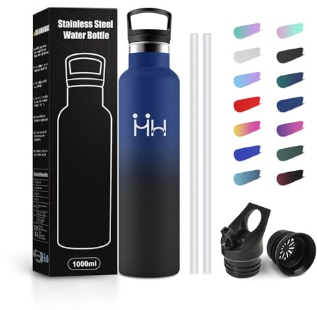 JAPORIA Borraccia Acciaio Inox 1 Litro, Bottiglia senza BPA, Acciaio Inossidabile con Cannuccia, a Prova di Perdite, Borracce per Ufficio, Ciclismo, Palestra, Scuola