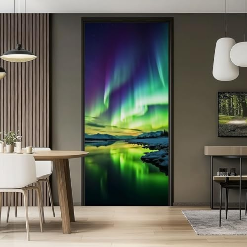 3D Türaufkleber Türtapete Selbstklebend TürPoster Natur Nordlichter Seen Grün Türfolie Fototapete Wasserdichte Abnehmbare Vinyl Tür Aufkleber für Schlafzimmer Badezimmer Küche, PVC, 80 x 210 cm