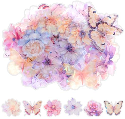 60 Pcs Glitter Flower Stickers, Sparkly Decorative Decals Waterproof | for Scrapbooking, Journaling, Planners, Laptop, Bottle, Photo Album Art Crafts DIY Supplies