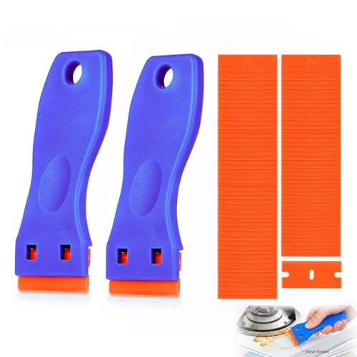 2 Pcs Plastic Scraper Tool with 100 Replacement Blades, Plastic Scraper Non-Scratch Scraper Tool Kit, Sticky Remover for Removing Lable, Glue, Decal in The Glass, Window, Floor, Car