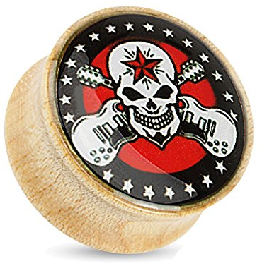 BlackAmazement Flesh Tunnel Plug Skull Totenkopf Rockstar Rebel Gitarre Ahorn Holz Wood