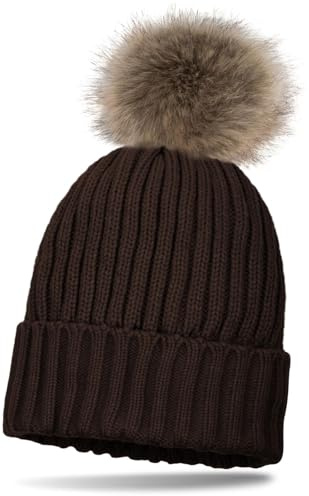 styleBREAKER Cappello in Maglia per Bambini con Pompon, Motivo a Coste e Fodera in Fleece Termico, Berretto Invernale con Pompon in Pelliccia Sintetica 04024031, Colore:Marrone Scuro