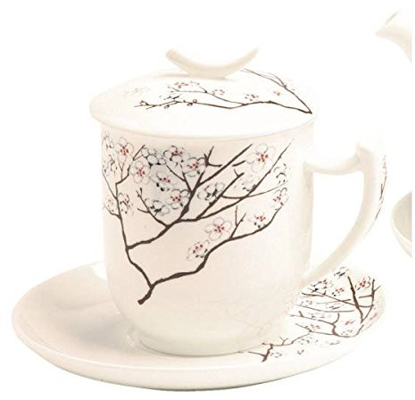 TeaLogic - Taza de té con colador de té y tapa, 0,38 l, porcelana blanca y rosa