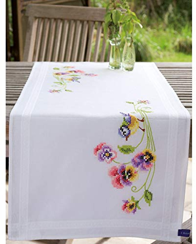 Vervaco Stickpackung Kreuzstich Set Vorgedruckt Tischläufer Meise & Stiefmütterchen Stickdecken Vorgezeichnet DIY Basteln Kreativ Stickläufer zum Selbersticken 40 x 100 cm Stickset