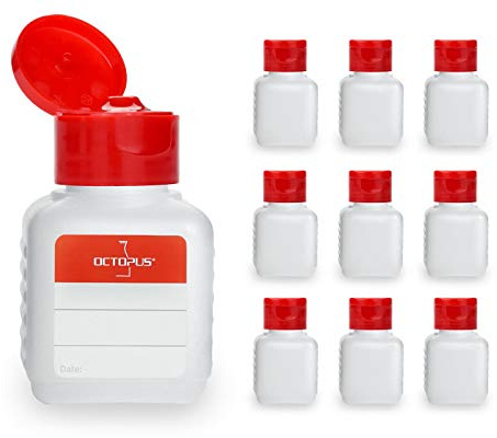 Octopus 10 Plastikflaschen 50 ml eckig aus HDPE, natur, G25, Klappscharnierverschluss aus PP rot | Für Liquids, Öle, Farben und Kosmetik, kompakte Form für Proben, Mischungen und unterwegs