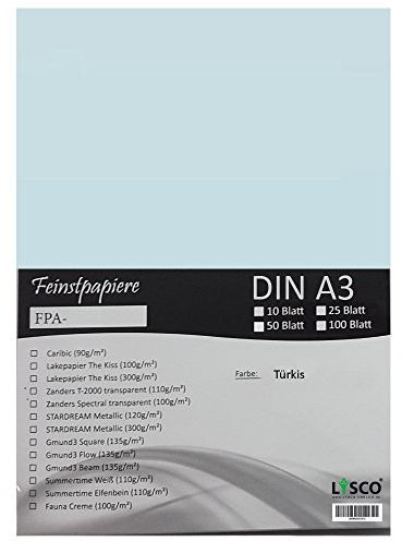 GMUND Transparentpapier DIN A3 Farbe Türkis / LYSCO® Feinstpapierset mit 25 Blatt Inhalt (FPA-124) - bedruckbar, sehr gute Qualität, für Einladungen, als Einlegeblätter für Alben, Fotoalben, Fensterbilder, Bastelarbeiten uvm.