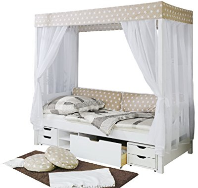 TiCAA Himmelbett Marlies Massivholz Kiefer inkl.Tüll-Set Braun Weiß