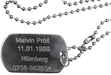 Edelstahl Erkennungsmarke/SOS Info Marke/DogTag mit SOFORTGRAVUR + VORSCHAU: Inklusive 4 Zeilige Gravur