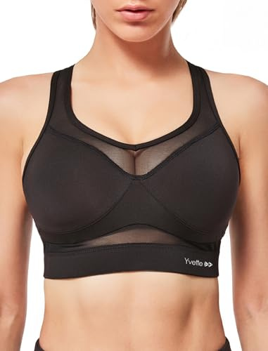 Yvette Soutien-Gorge de Sport Femmes,Dos en Y avec Insert Mesh,Noir,M