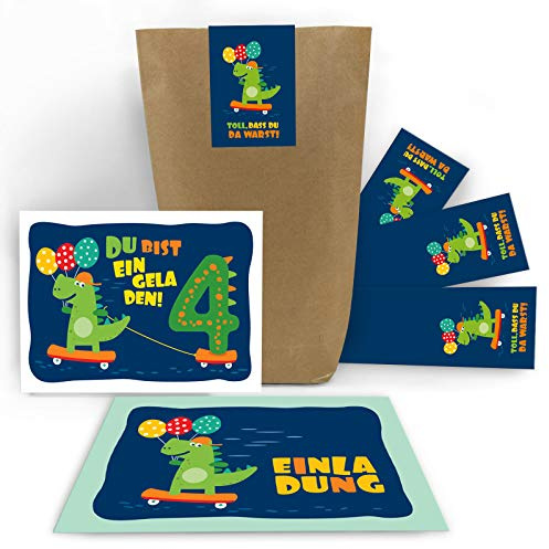 Junaversum 6 Einladungskarten zum 4. Kindergeburtstag Jungen Jungs Mädchen Dinosaurier Einladungen vierte Geburtstag incl. 6 Umschläge, 6 Tüten/natur, 6 Aufkleber