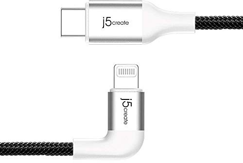 j5create Câble USB C vers Lightning | Câble tressé coudé Apple MFi, 1,2 m, blanc, pour iPhone 14~11, iPad et AirPods Pro