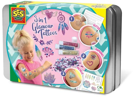 SES Creative Coffret Tatouages 3 en 1 | Activité Manuelle | Paillettes | Diamants | pour Les Filles | à partir de 5 Ans | Plusieurs Couleurs