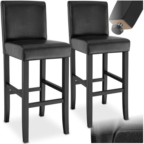 tectake® 2er Set Barhocker, Bistrohocker, Tresenhocker, Barhocker mit Lehne, gepolsterter Barstuhl, Bistrostuhl mit Fußstütze, Holz und Kunstleder, Stuhlbeine aus Massivholz, 107 cm hoch - schwarz