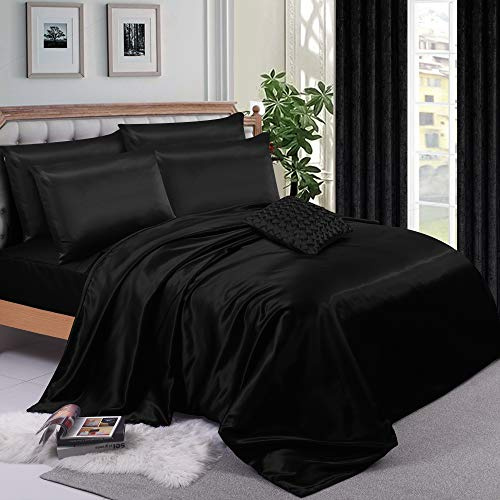 ZIMEL HOMES Six Pieces Satin Bedding Sets Duvet Cover, Fitted Sheet, 4 Pillow cases | Double, King and Super King Complete Silky Bedding Set (Black, Double)