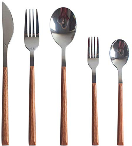 XDDQ Cuchillo, Tenedor Y Cuchara Con Mango De Madera De Imitación Cuchillo De Carne De Acero Inoxidable, Tenedor De Postre Y Cuchara De Café Para Uso Occidental (set C)