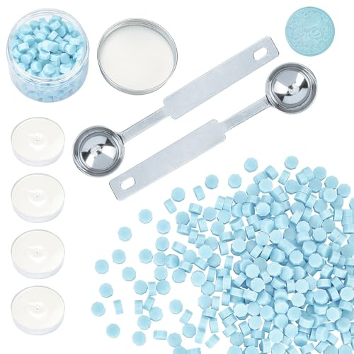 craspire 300PCS Wachssiegelperlen Kit Hellblau, Siegelwachsperlen-Set Im Behälter Verpackt, 2PCS Wachsschmelzlöffel Und 4PCS Kerzen Für Wachssiegelstempel, Briefumschläge Versiegeln, Einladungen