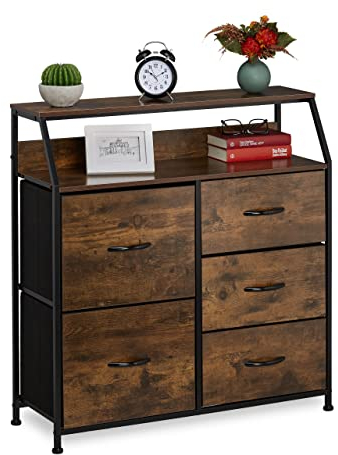 Relaxdays Kommode, 5 Schubladen, 2 Ablagen, Bücher & Deko, Regalkommode Industrial, HxBxT: 87x84x32 cm, braun/schwarz