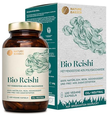 Nature Basics® BIO Cápsulas de Reishi con 40% de polisacáridos bioactivos | 120 cápsulas certificadas y sostenibles en un frasco | 500mg por cápsula | testado en laboratorio, vegano, de DE