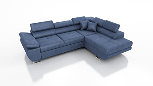 Robin Inspire Saturn Kingston Ecksofa mit Schlaffunktion L-Form Rechts Blau | L-Form Schlafsofa mit Bettkasten, verstellbare Kopfstützen, Kissen, Wohnlandschaft, Kingston Stoff, freistehende Eckcouch