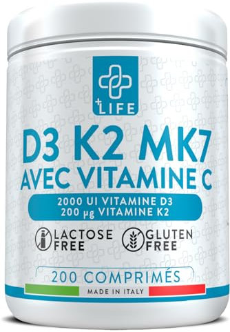Vitamina D3 K2 Mk7 Con Vitamina C PiùLife, 200 Compresse, 1 Al Giorno, Vit D3 2000 UI, K2 200µg, Vit C 125mg, Benessere Delle Ossa, Difese Immunitarie, Regola Livelli Di Calcio E Fosforo