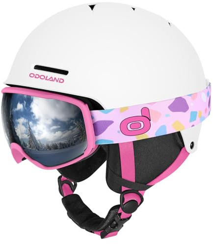 Odoland Kids Ski Helmet, Snow Helmet with Ski Goggles for Boys and Girls, Safety Youth Snowboard Sports Helmets and Goggles Set for Children Ages 6-14, White Rose, S
