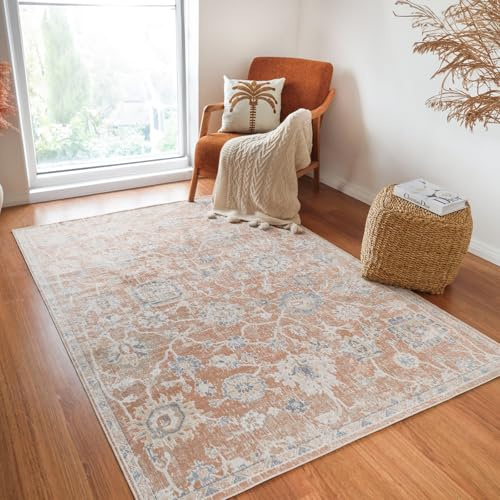 Livabliss Dakar Teppich waschbar in der Waschmaschine - Vintage Teppich Groß für Wohnzimmer 160x213 cm, Schlafzimmer, Küche - Orientalischer Boho Teppiche, Braun, Creme, Blau