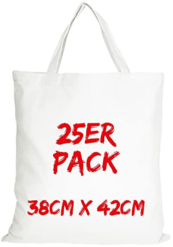 TEXXILLA Baumwolltasche - 25er Pack | Weiß | mit Zwei kurzen Henkeln | 38x42cm | Jutebeutel | Einkaufstasche | unbedruckt