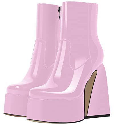 Only maker Plateau Halbstiefel mit Blockabsatz Sexy High Heels Boots Damenschuhe Stiefeletten Kurzschaft Stiefel Chunky Heels Lack Babypink EU 38