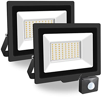 PICAA Projecteur LED Exterieur,2PCS 50W Projecteur Exterieur avec détecteur de mouvement, Spot LED Extérieur Puissant, Lumières d'inondation.pour jardin, Garage,Patio,Grange,Cour (Blanc chaud)
