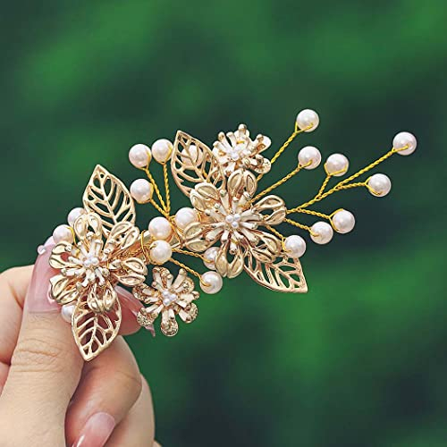 IYOU Haarspange für die Braut, Hochzeit, Gold Blume, Haarspange, Kopfschmuck, Perlen, Brautschmuck, Haarkamm, Abschlussball, Braut, Brautjungfer, Haarschmuck für Damen