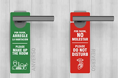 Oedim Pack 12 Carteles para Puertas con Texto Por Favor no Molestar y Por Favor Arregle la Habitación por Ambos Lados, 10x25cm, Colgador en color Rojo y Verde, Modelo Rectangular abierto