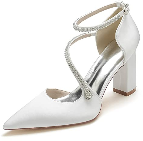 Scarpe con Tacco Donna a Punta da Donna Tacco Largo Décolleté da Sposa a Punta Chiusa Scarpe da Sposa Raso Sandali er Matrimoni Feste da Ballo,Bianca,36 EU