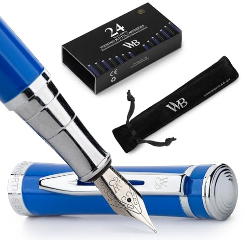 Wordsworth & Black Füller Set Edel, Kalligraphie, Luxus, Feder M, Blau | Füllfederhalter, Fountain Pen, Geschenk für Männer & Frauen, Deutsches Iridium, Hochwertig, Konverter + 24 Tintenpatronen