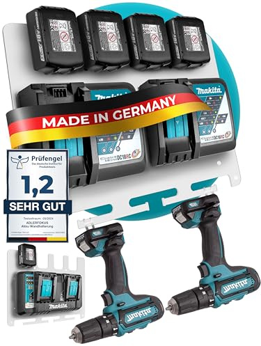 Adlerfokus Wandhalterung für Makita Akkus & Ladegeräte [MADE IN GERMANY] | Akkuhalter mit Premium Montagematerial - Makita Wand Halterung Ladegerät - Akku Wandhalterung für Ordnung & System