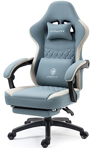 Dowinx Gaming Stuhl Stoff mit Taschenfederkissen, Verstellbarer Gaming Sessel mit Fußstütze, Ergonomischer PC Stuhl Gamer Stuhl Bürostuhl 150 kg belastbarkeit, Blau
