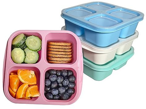MEEYUU 4 Pack Snack Containers, 4 Compartments Bento Snack Box, Reusable Meal Prep Lunch Containers for Kids Adults, Divided Food Storage Containers for School Work Travel (Green/Blue/Pink/White)