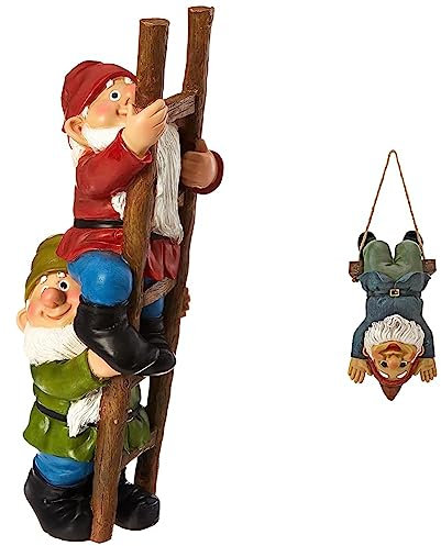 Design Toscano QM2360100 Up the Ladder Climbing Gnomes Funny Garden Statue, 28 cm, Polyresin, Full Color & Alfie the Acrobat Swinging Gnome - Outdoor Gnome