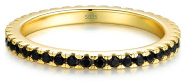 Lisandra Scott Eternity Ring Silber 925 mit Schwarzen Zirkonia Kristallen Damenring 2mm breit in Gold für Damen und Frauen Schmal mit Steinen in Schwarz (Gold, 56)