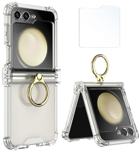 Simpeak Hülle Kompatibel mit Samsung Galaxy Z Flip 5 5G, Slim Case Kratzfest mit Displayschutzfolie, TPU Stoßfest Schützend Airbag Klapphülle mit Ring Videoständer, Cover Clear