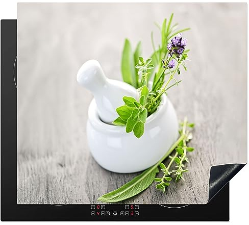 KitchenYeah© Herdabdeckplatte Einteilig Abdeckplatten Cerankochfeld | 60x52 cm - Abdeckung Ceranfeld Herdplattenabdeckung Induktionsmatte Kräuter - Grün - Weiß - Gefäß
