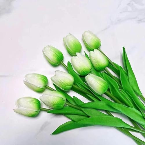 ZEYRU Künstliche Tulpen aus PU, fühlen Sich echt an, künstliche Tulpen für Arrangements, Hochzeit, Party, Frühling, Zuhause, Esszimmer, Büro, Dekoration, Weiß, Grün, 5 Stück